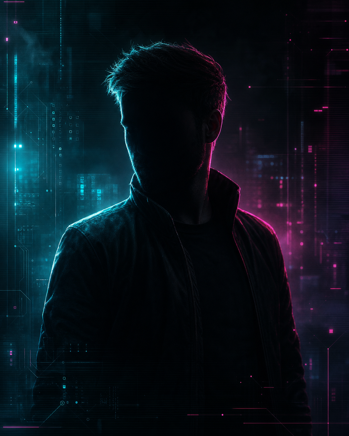 Abstract cyberpunk figure representing John Nadler, founder of SageMaven